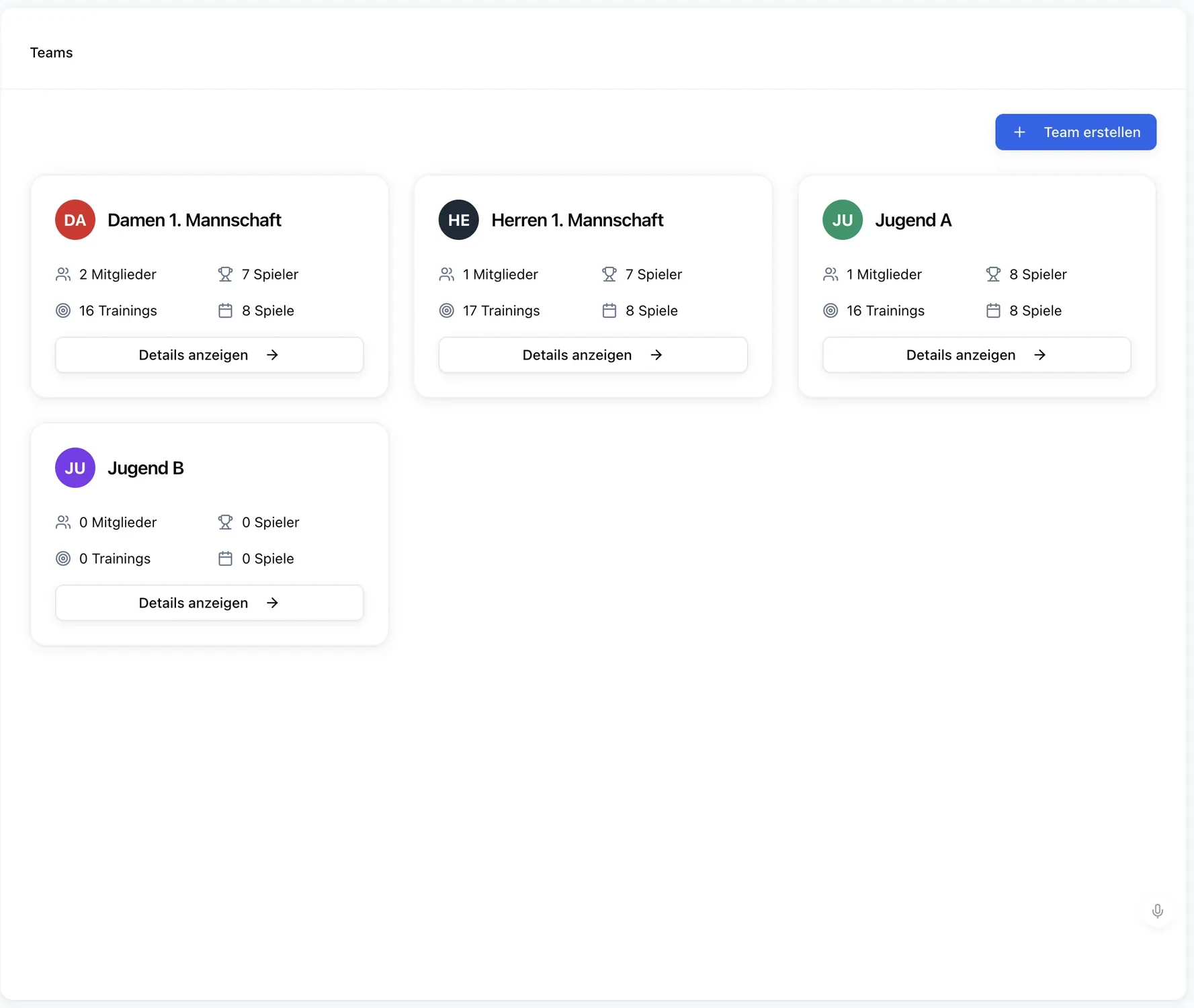 Vereinsteams im Browser, aus der deutschen Demo