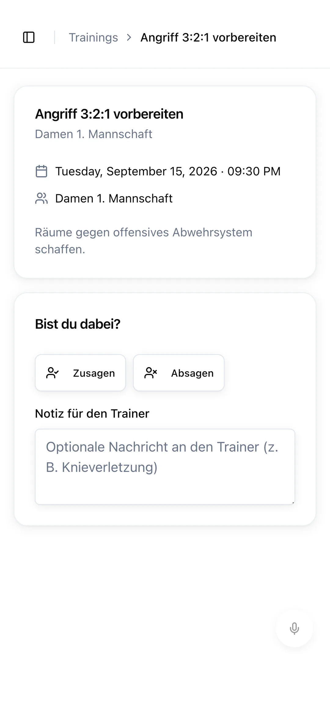 Trainingsansicht am Handy, aus der deutschen Demo